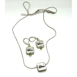 Bloom Necklace and Earring Set Silver-Tone With Green Accents Floral Design Adju
